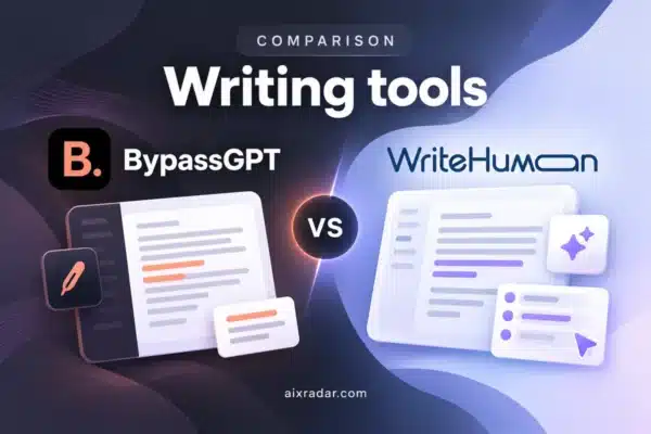 BypassGPT and WriteHuman logos above a side-by-side text-rewriting comparison illustration.