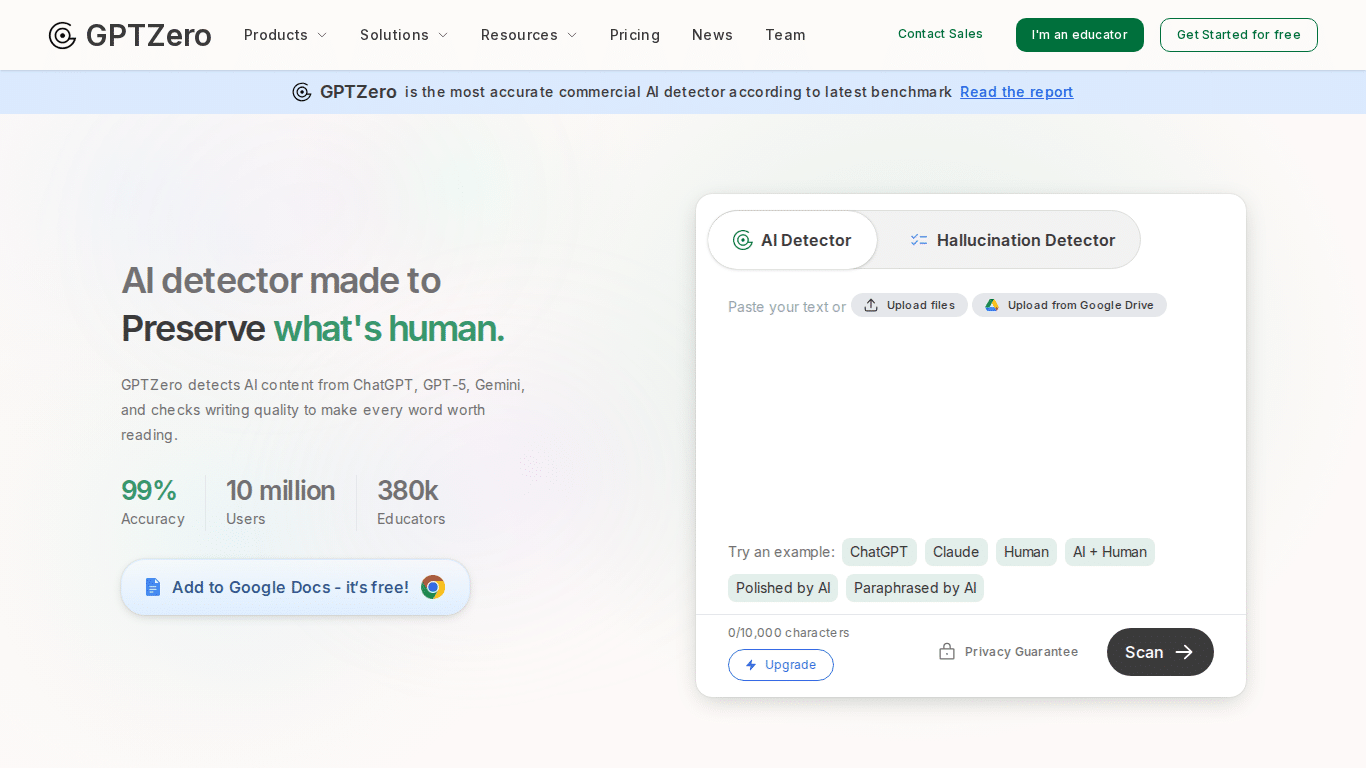 GPTZero homepage — AI detection platform showing text analysis interface