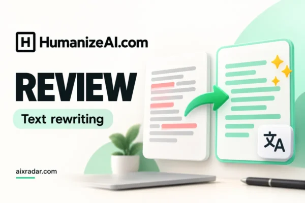 HumanizeAI.com boxed-H logo with an illustrated text-rewriting workflow.
