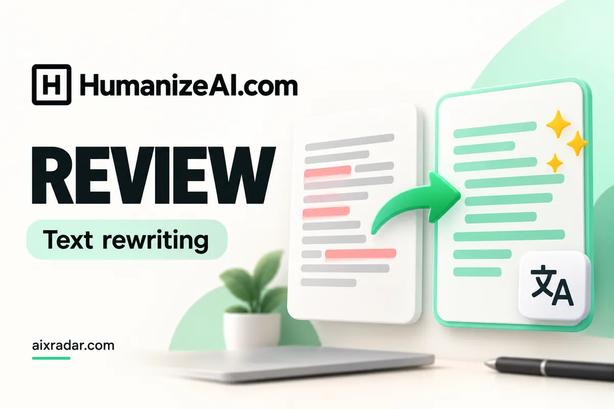 HumanizeAI.com boxed-H logo with an illustrated text-rewriting workflow.