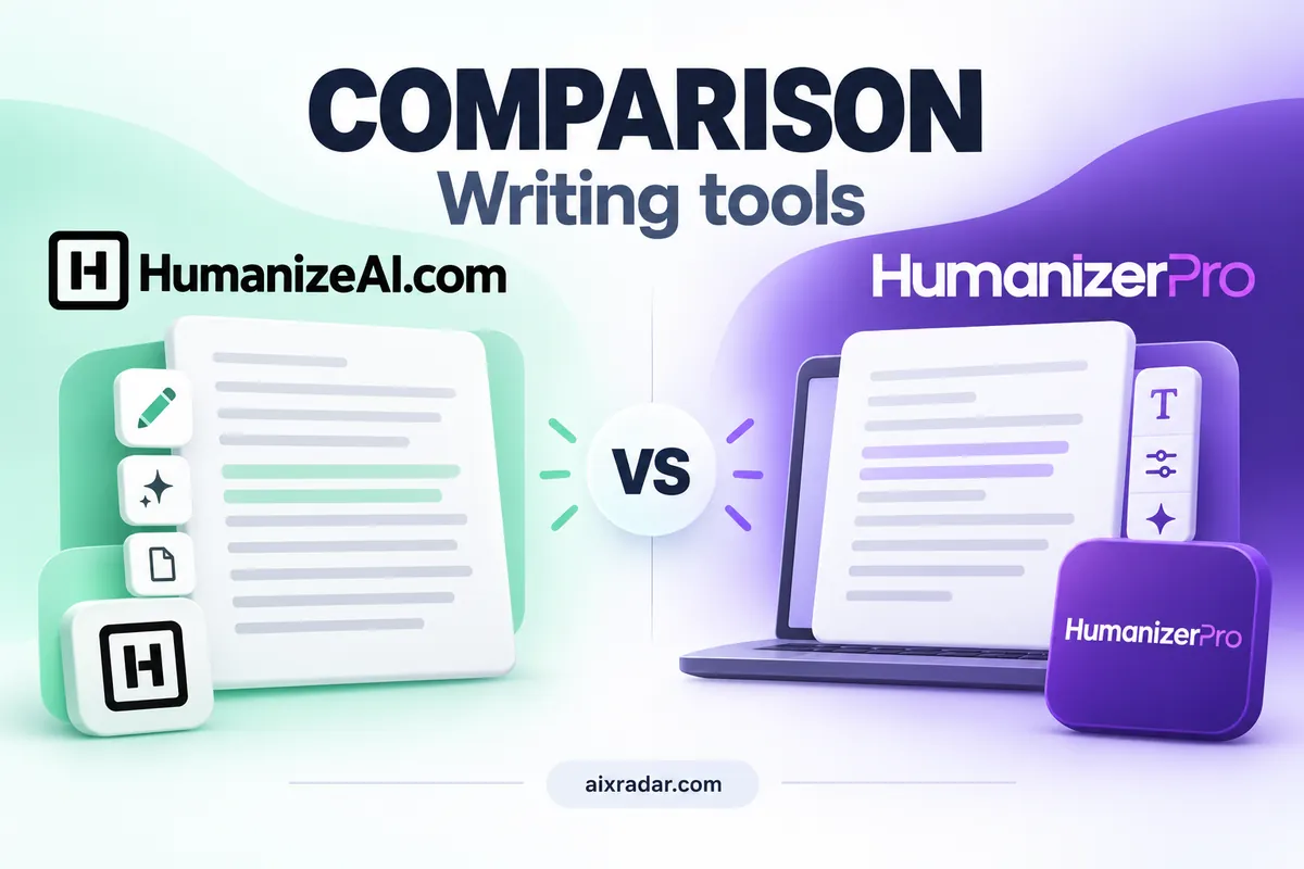 HumanizeAI.com and HumanizerPro logos above a side-by-side text-rewriting comparison illustration.