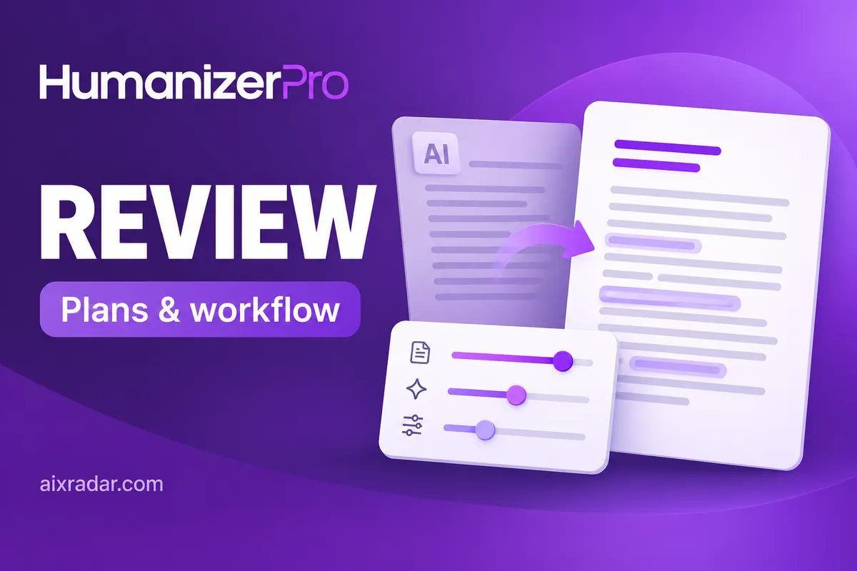 HumanizerPro logo with illustrated text editing and plan-selection panels.