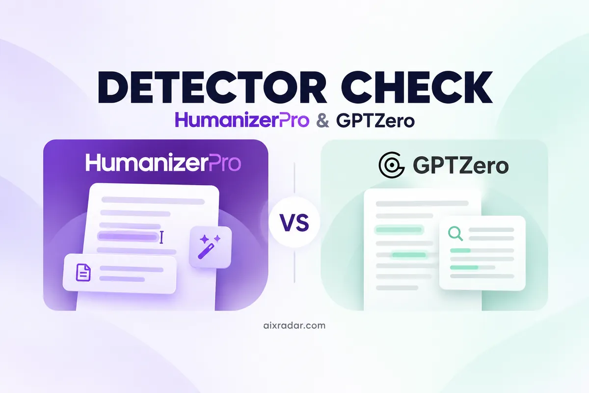 HumanizerPro and GPTZero logos with a neutral document-scanning illustration.