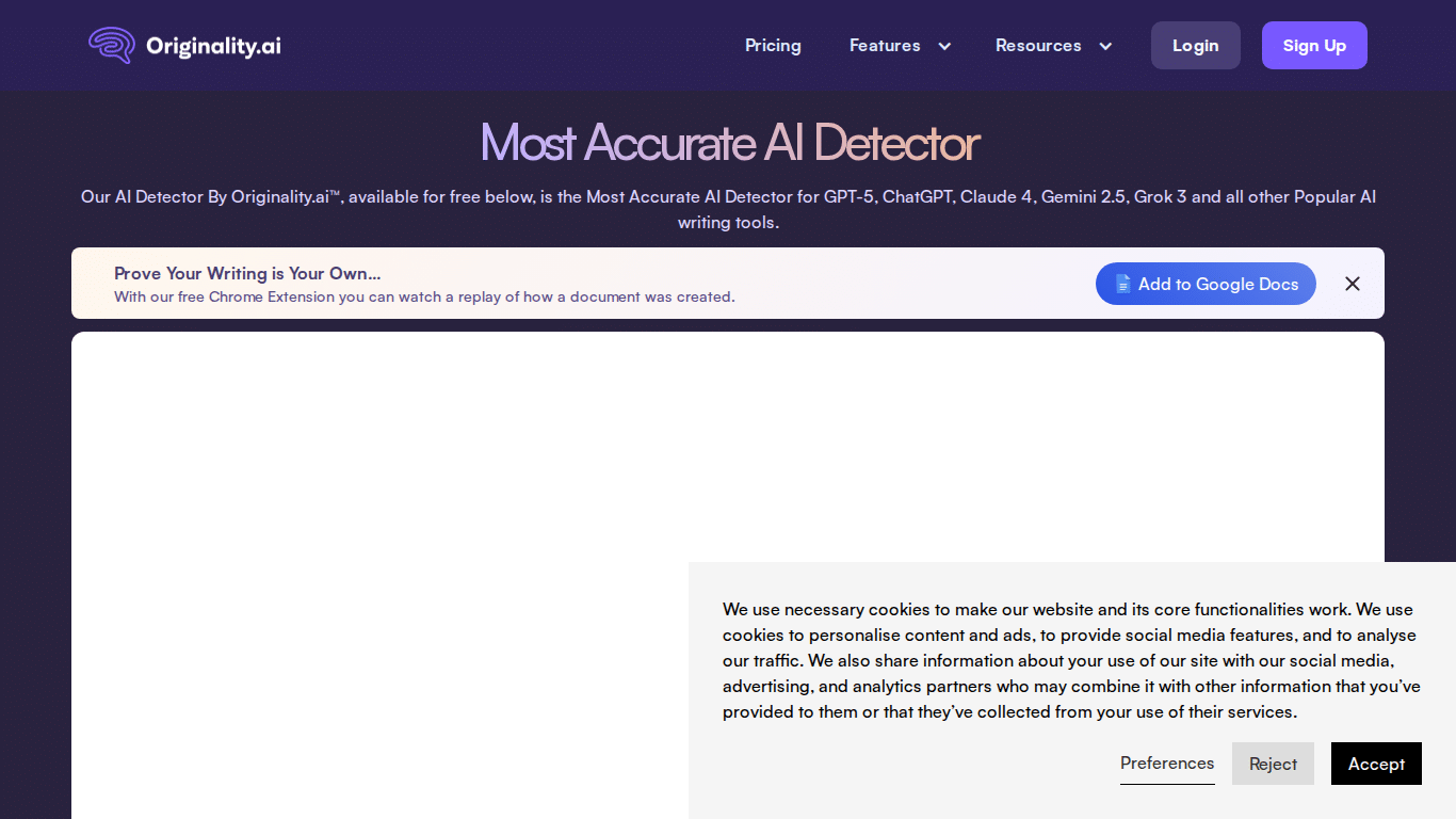 Originality AI homepage screenshot showing the AI detection dashboard