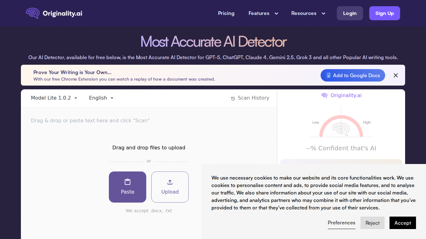Originality AI Review 2026: I Tested It Against GPTZero — Here's the Truth Originality AI homepage screenshot showing the AI detection dashboard