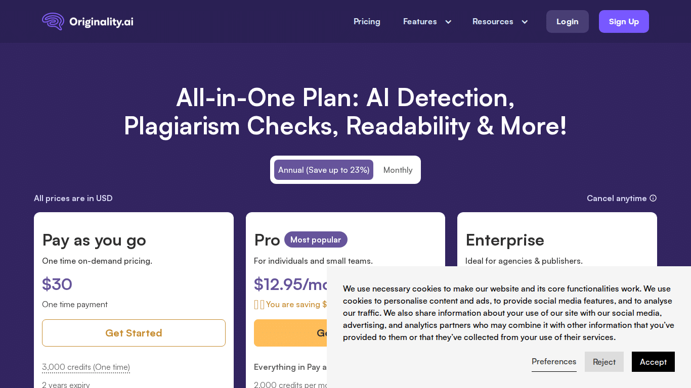 Originality AI Review 2026: I Tested It Against GPTZero — Here's the Truth Originality AI pricing page showing PAYG and subscription plans