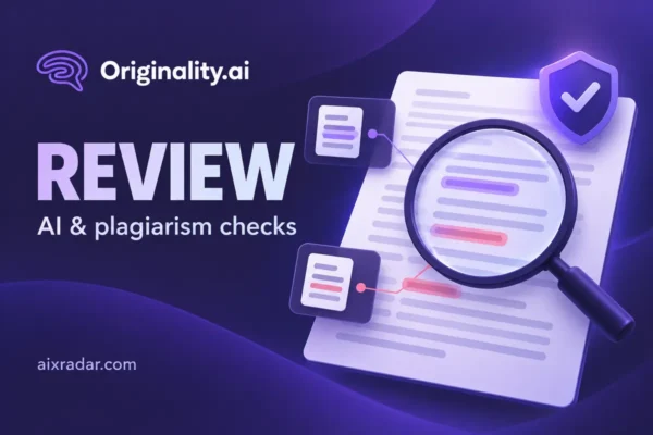 Originality.ai logo with document-analysis and plagiarism-check illustrations.