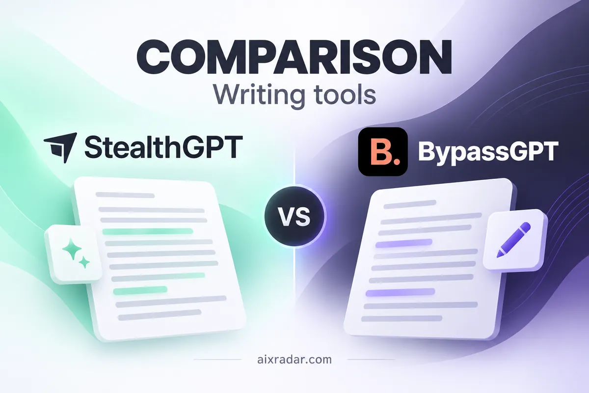 StealthGPT and BypassGPT logos above a side-by-side text-rewriting comparison illustration.