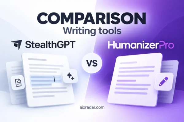 StealthGPT and HumanizerPro logos above a side-by-side text-rewriting comparison illustration.