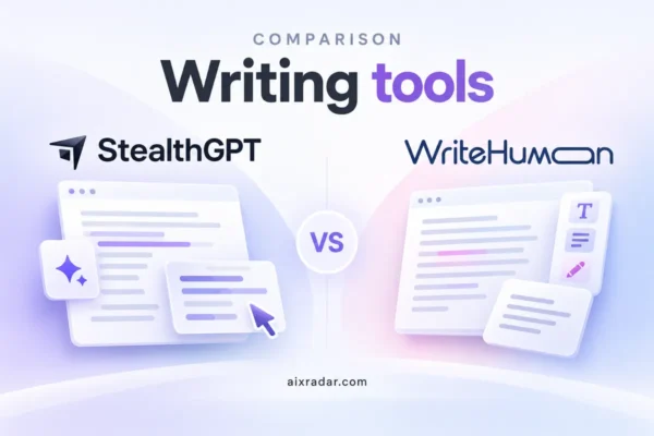 StealthGPT and WriteHuman logos above a side-by-side text-rewriting comparison illustration.
