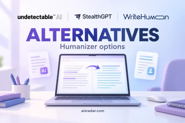 Undetectable AI, StealthGPT and WriteHuman logos above illustrated humanizer options.
