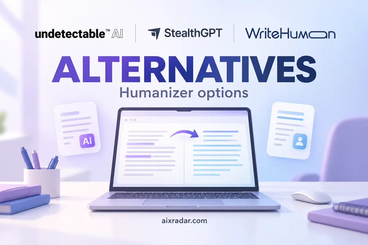 Undetectable AI, StealthGPT and WriteHuman logos above illustrated humanizer options.