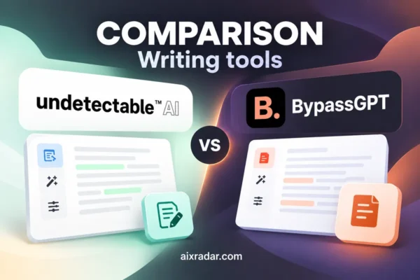 Undetectable AI and BypassGPT logos above a side-by-side text-rewriting comparison illustration.