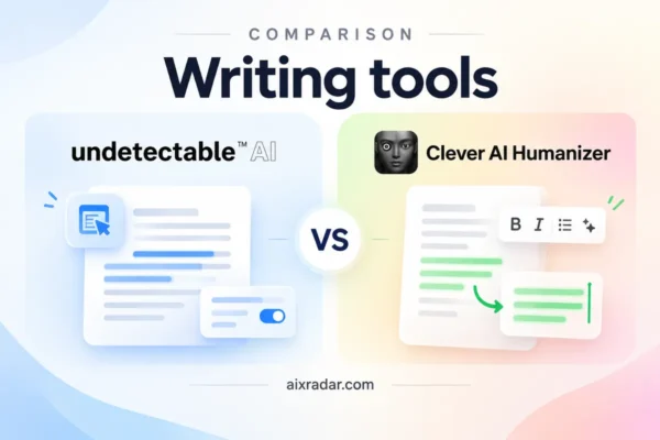Undetectable AI and Clever Humanizer logos above a side-by-side text-rewriting comparison illustration.