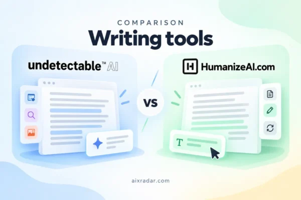 Undetectable AI and HumanizeAI.com logos above a side-by-side text-rewriting comparison illustration.