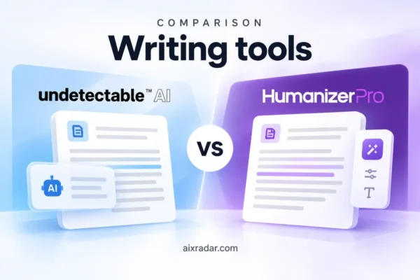 Undetectable AI and HumanizerPro logos above a side-by-side text-rewriting comparison illustration.