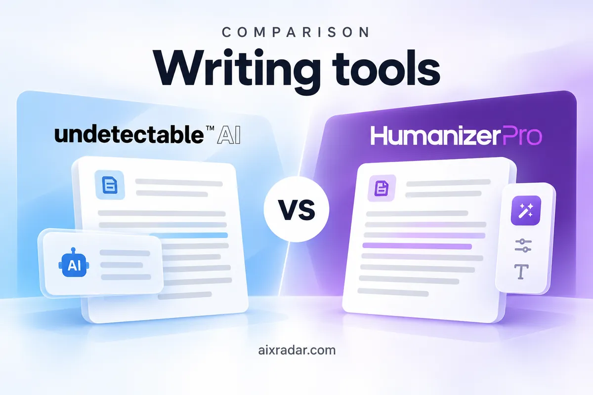 Undetectable AI and HumanizerPro logos above a side-by-side text-rewriting comparison illustration.