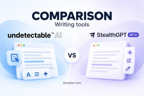 Undetectable AI and StealthGPT logos above a side-by-side text-rewriting comparison illustration.