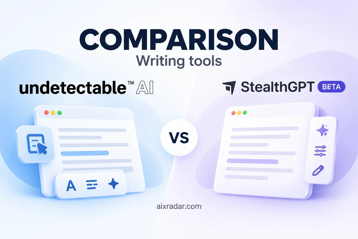 Undetectable AI and StealthGPT logos above a side-by-side text-rewriting comparison illustration.