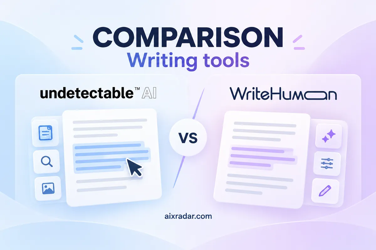 Undetectable AI and WriteHuman logos above a side-by-side text-rewriting comparison illustration.