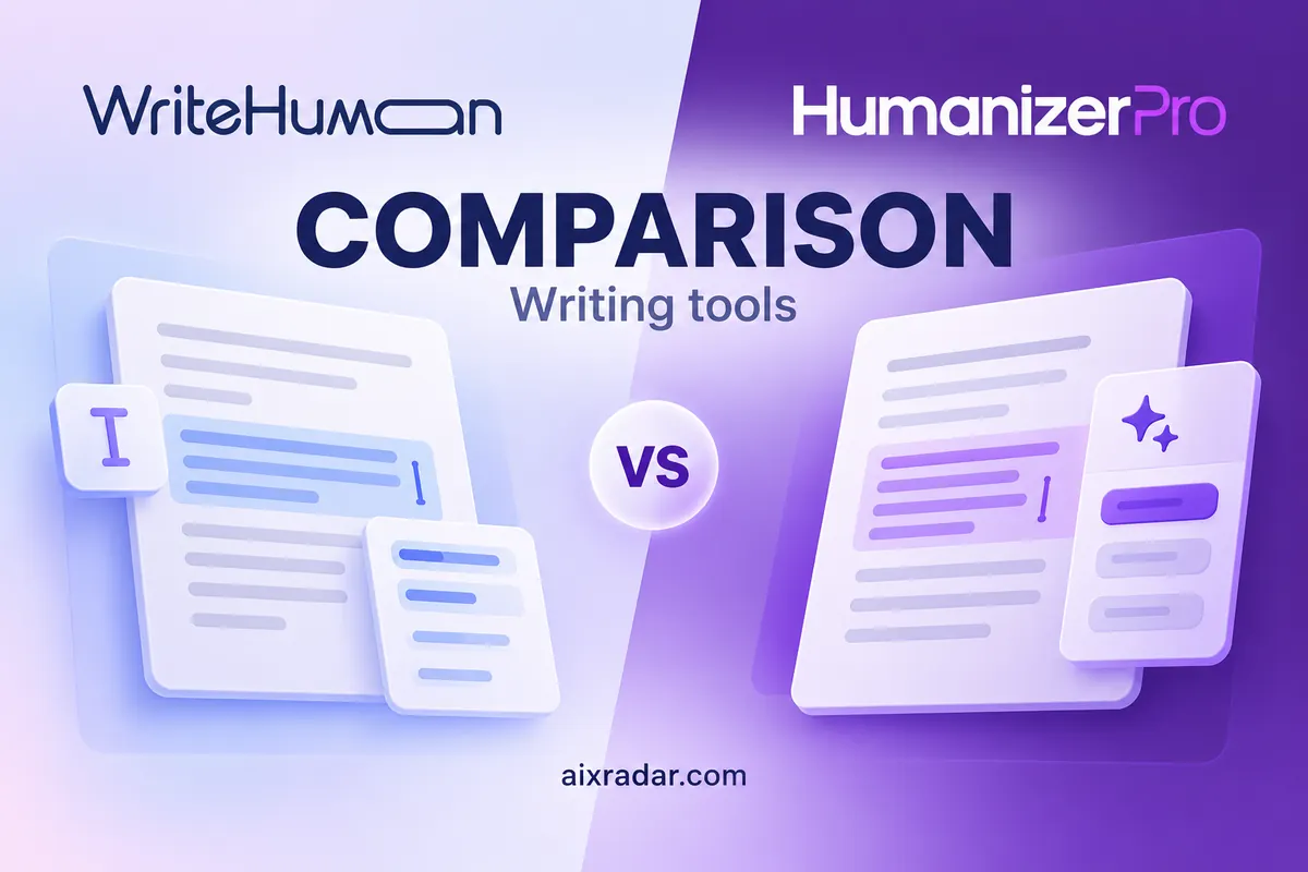 WriteHuman and HumanizerPro logos above a side-by-side text-rewriting comparison illustration.