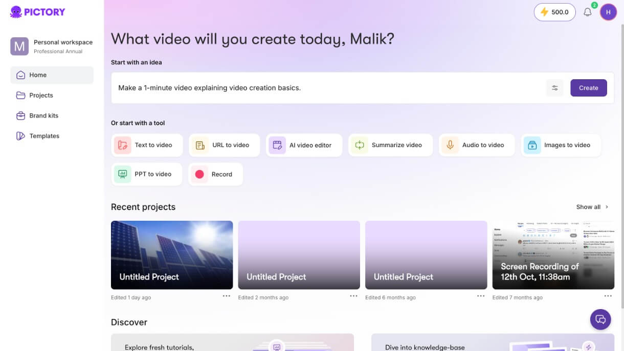 Pictory AI dashboard after signing in — home of AI video editing technology