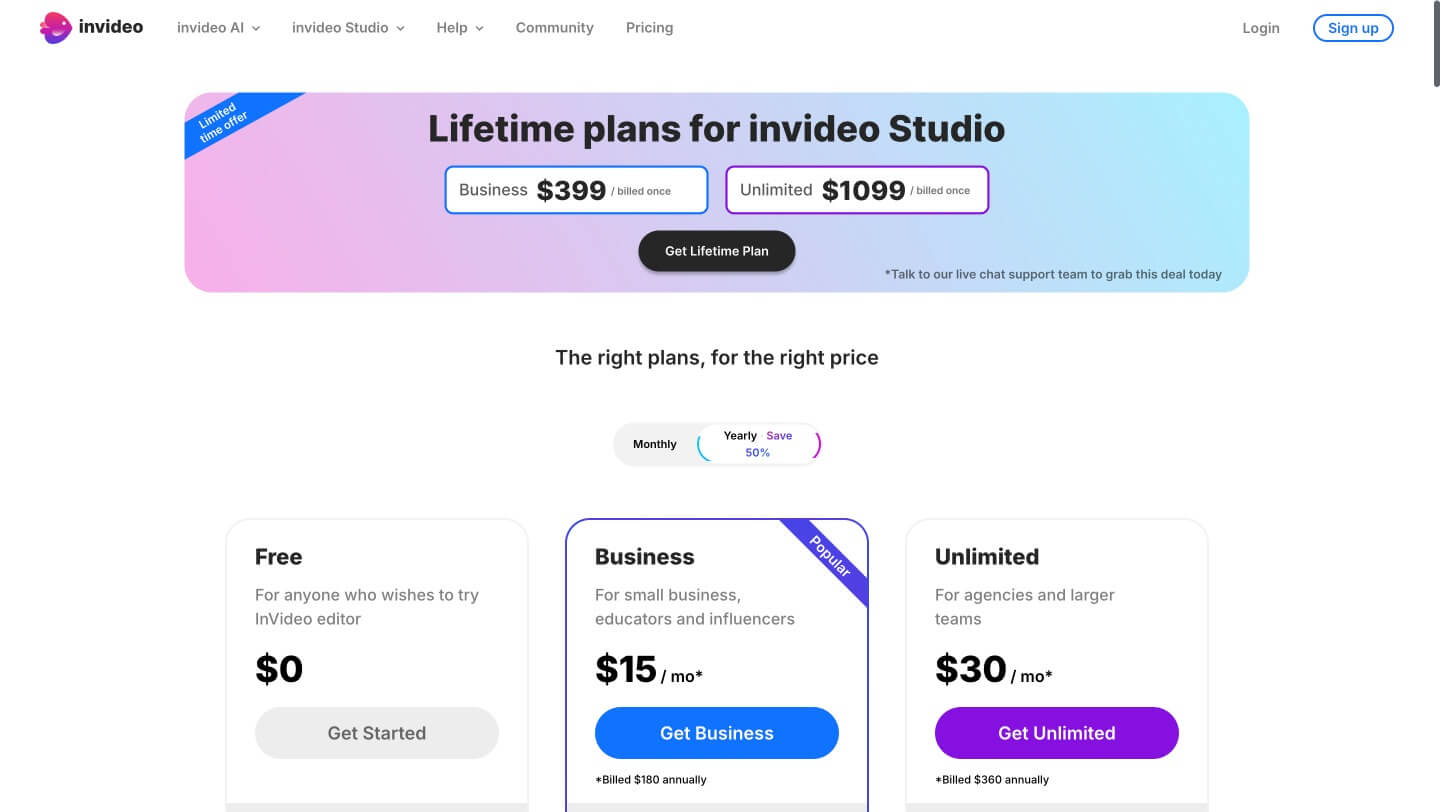 InVideo Studio annual pricing plan and lifetime deals for comparison with Pictory