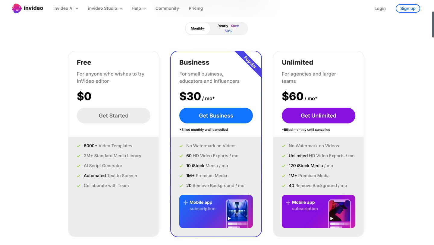 InVideo Studio monthly pricing plans showing all tiers for comparison with Pictory