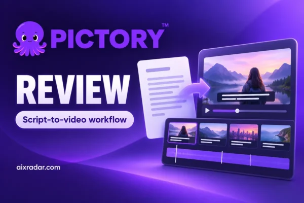 Pictory logo with an illustrated script-to-video workflow and video timeline.