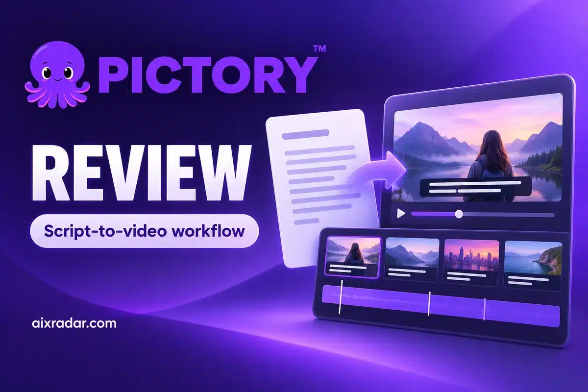 Pictory logo with an illustrated script-to-video workflow and video timeline.