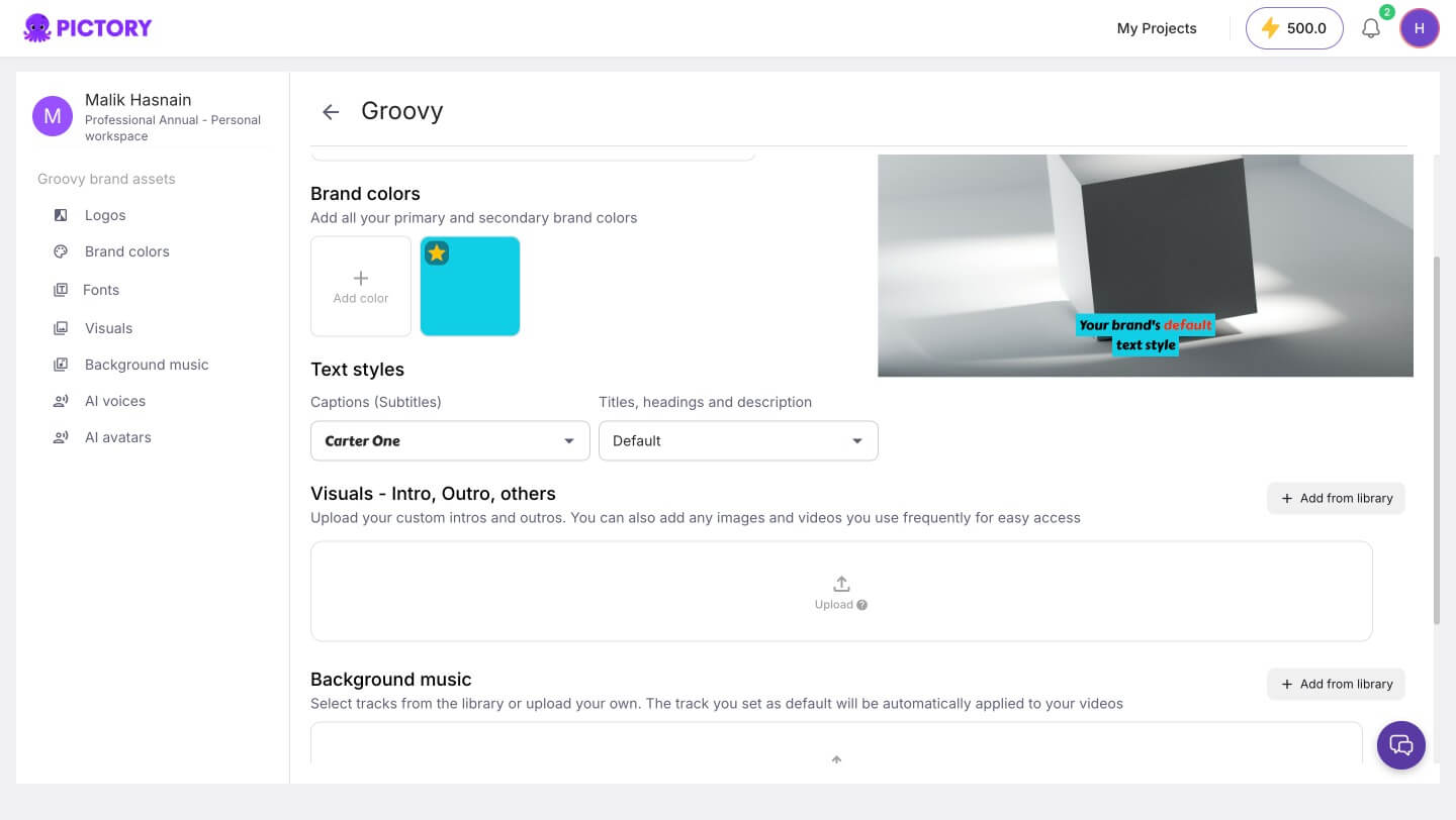 Pictory brandkit full customization screen — set logos, brand colors, fonts, visuals, background music, AI voices, and AI avatars after creating the brand kit