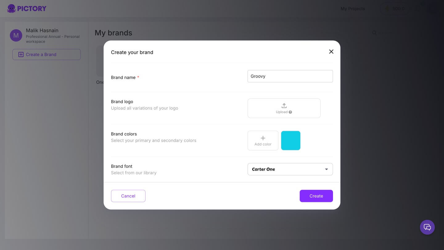 Pictory brandkit setup screen — option to choose fonts, colors, and logo before creating the kit