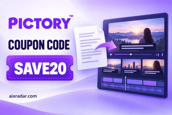 Pictory logo with a SAVE20 coupon ticket and script-to-video illustration.