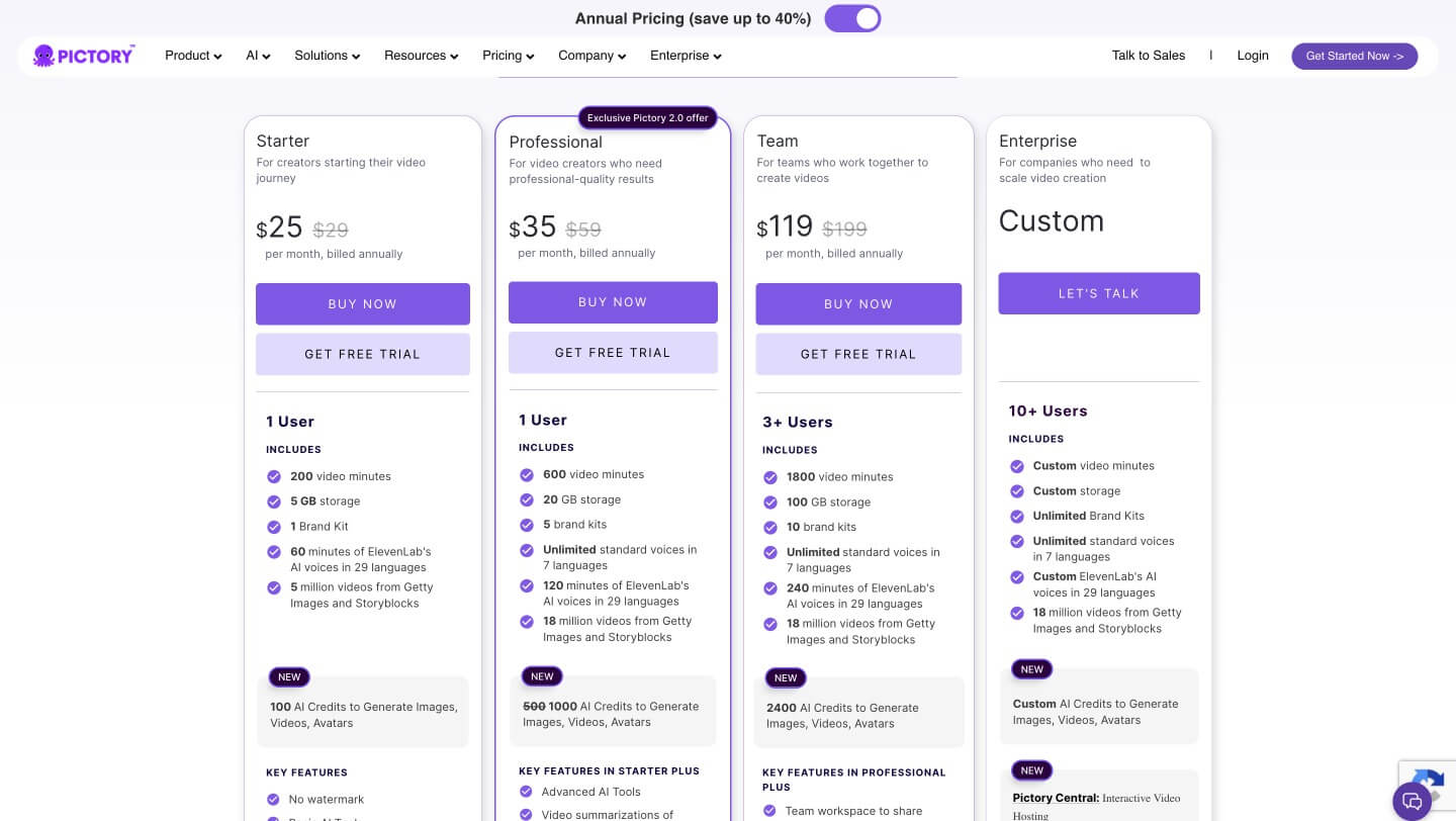Pictory yearly pricing plans — annual billing discounts across all tiers