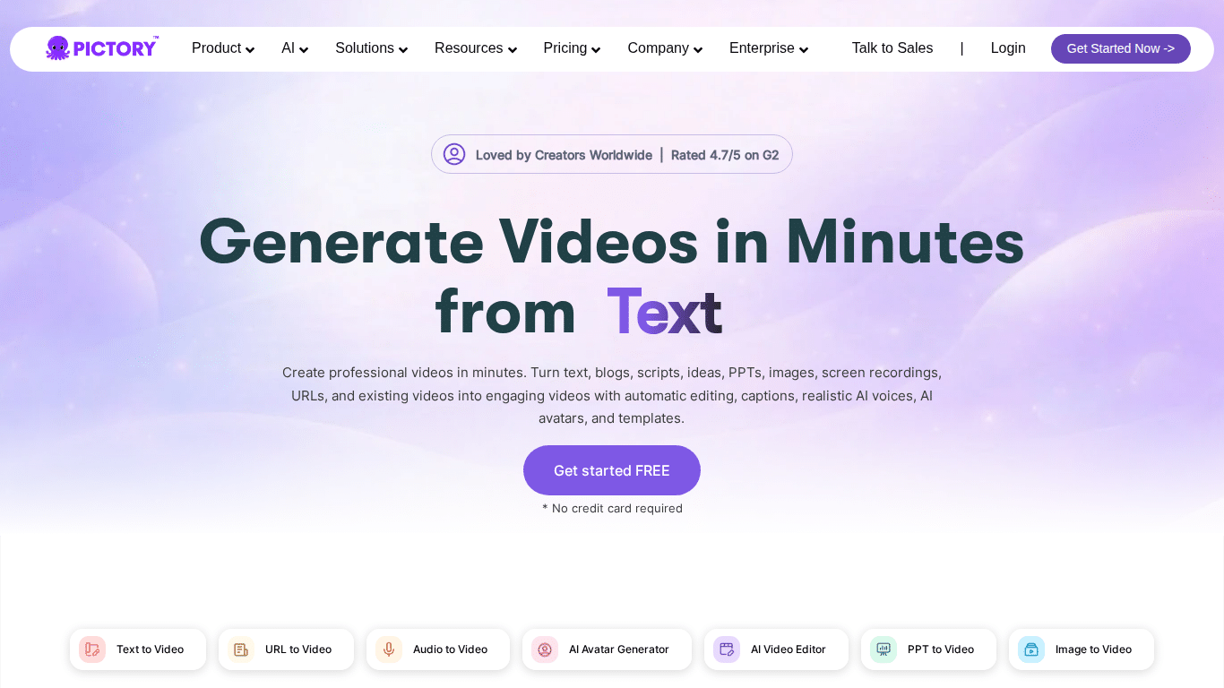 Pictory AI homepage — AI video creation platform landing page