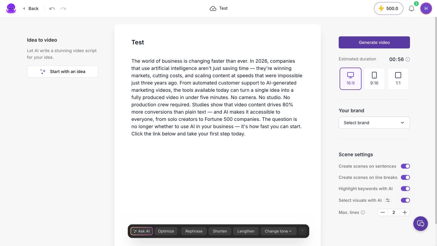 Testing Pictory text to video feature — script pasted in the editor with default settings ready to generate