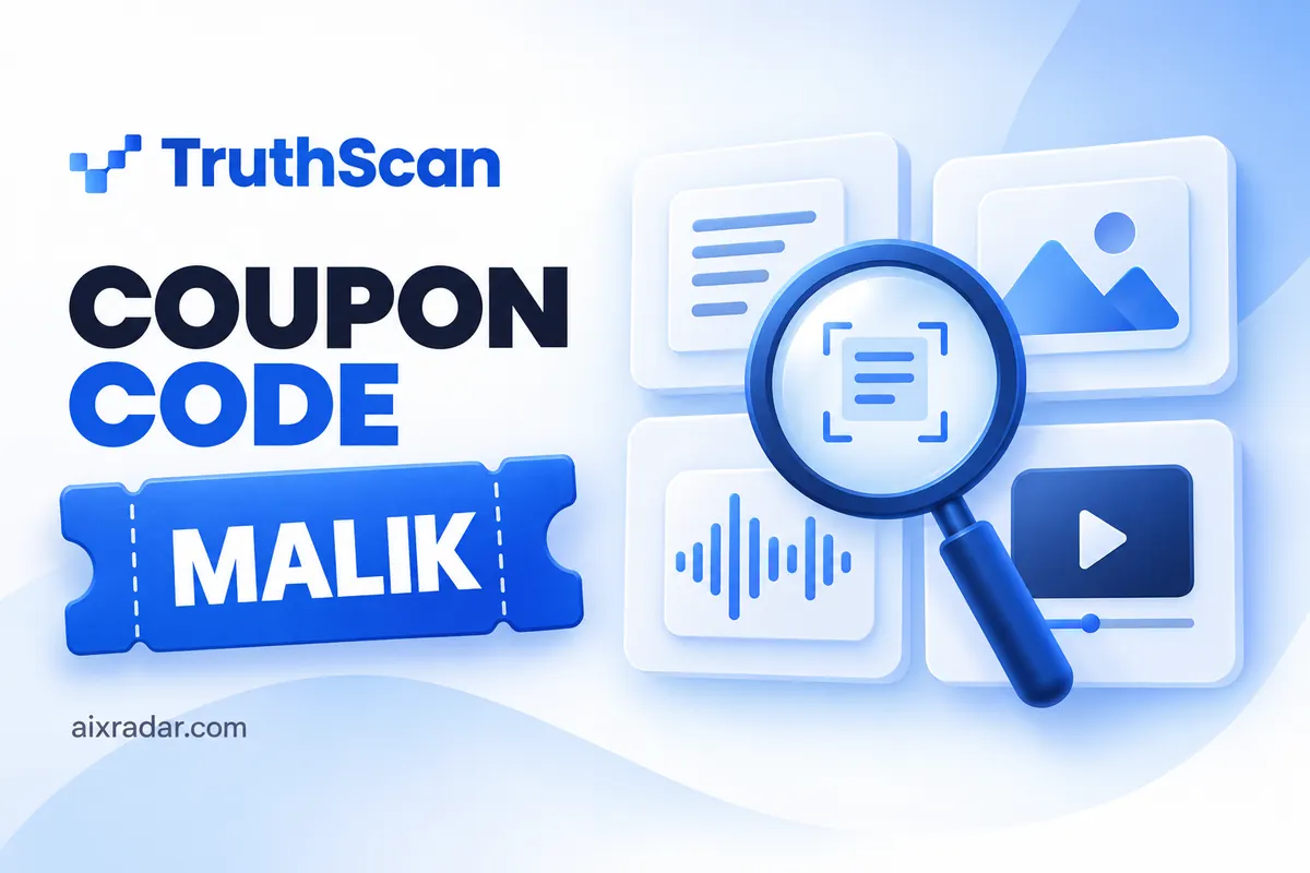 TruthScan logo with a MALIK coupon ticket and multimodal analysis tiles.