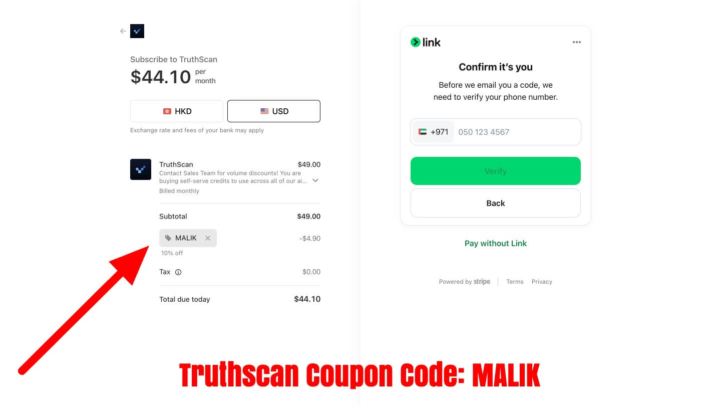 TruthScan checkout page showing MALIK promo code applied with discount reflected
