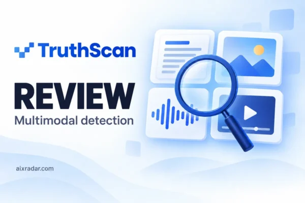 TruthScan logo with text, image, audio and video tiles beneath a magnifying glass.