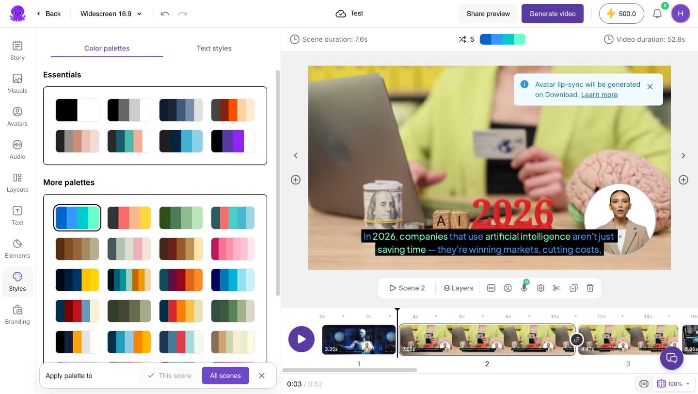 Pictory video preview ready — captions color changed from yellow to white with AI avatar selected and ElevenLabs voice applied