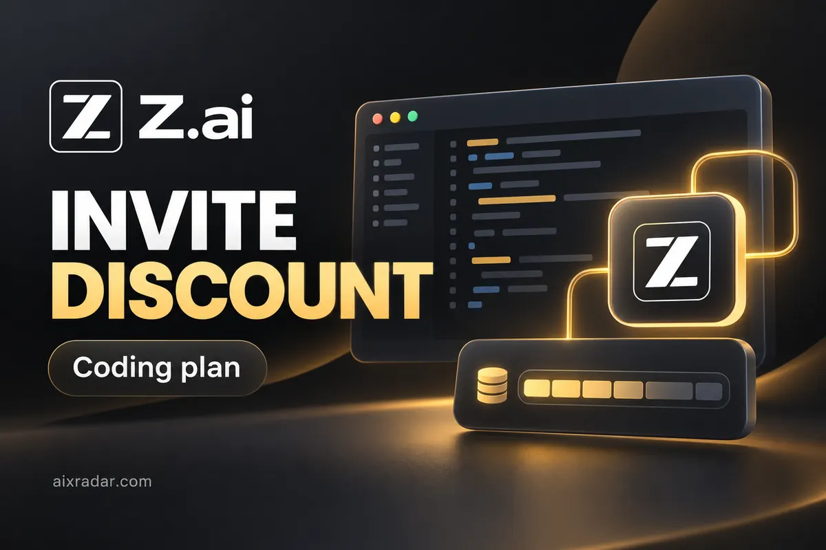 Z.ai logo with an illustrated coding editor, quota indicator and invite-discount label.