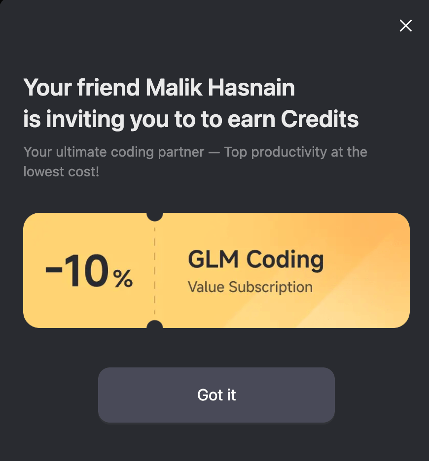 GLM Coding Plan Discount — Get 10% Off With an Exclusive Invite Link Z.ai referral popup confirming 10% off discount