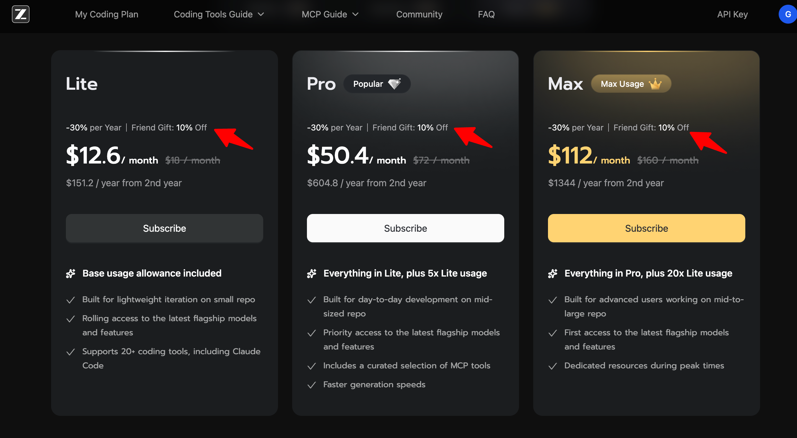 GLM Coding Plan Discount — Get 10% Off With an Exclusive Invite Link GLM Coding Plan pricing table showing stacked discounts