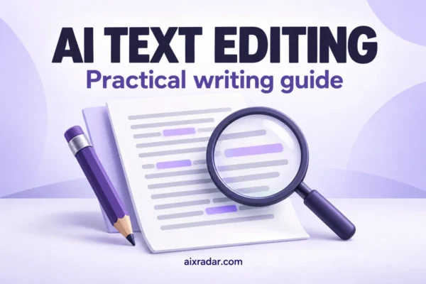 Text-editing guide illustration showing a writing document, rewrite arrows and analysis magnifier.