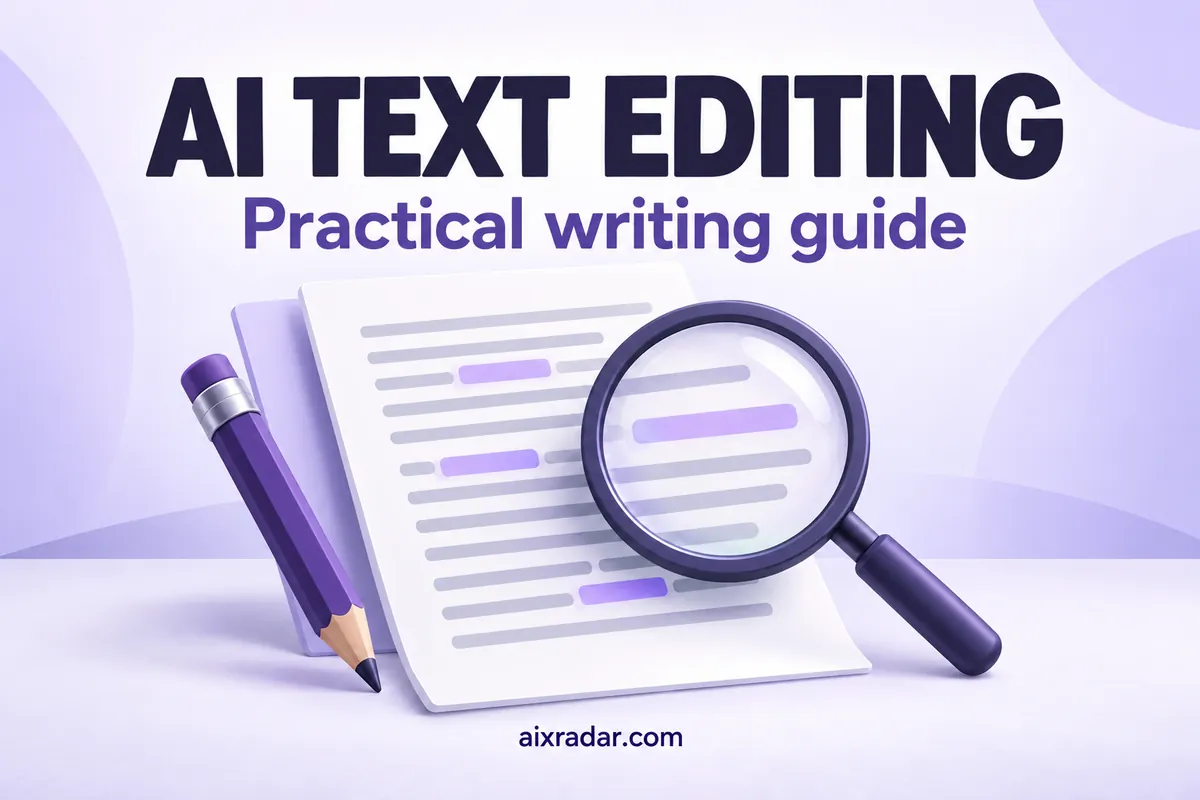 Text-editing guide illustration showing a writing document, rewrite arrows and analysis magnifier.