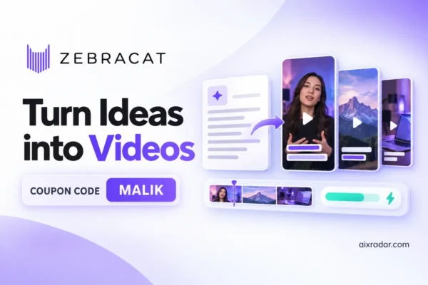 Zebracat logo with a MALIK coupon ticket and AI video-creation illustration.