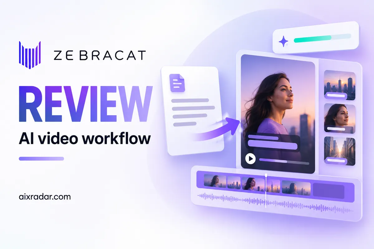 Zebracat logo beside illustrated video frames and an AI video workflow.