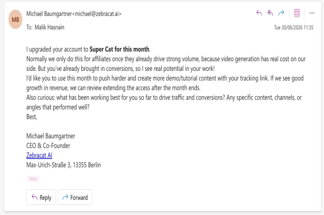 Zebracat AI Review (July 2026): I Tested Every Feature — Honest Verdict Email from Zebracat CEO Michael Baumgartner offering free Super Cat upgrade
