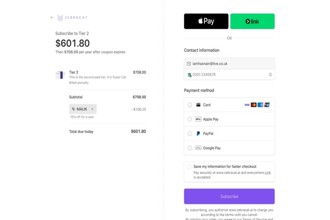 Zebracat AI Review (July 2026): I Tested Every Feature — Honest Verdict Zebracat AI coupon code MALIK applied at checkout — 15% discount visible