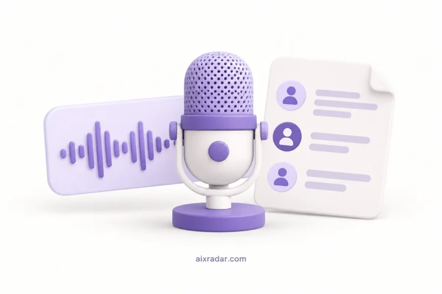 AI audio category illustration with a microphone, waveform and transcription document.